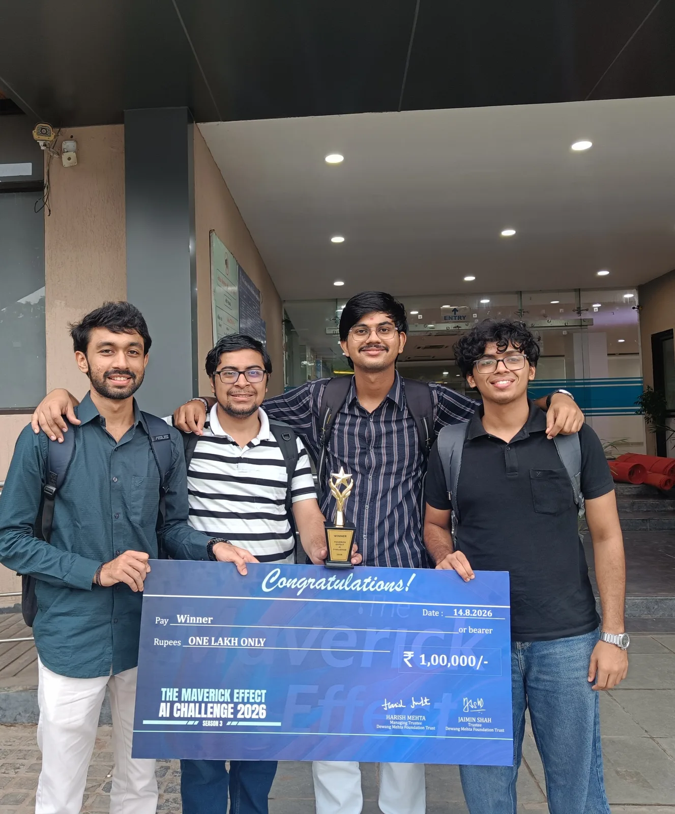 Vatsal Mehta and his team with the winner's cheque at The Maverick Effect AI Challenge 2026
