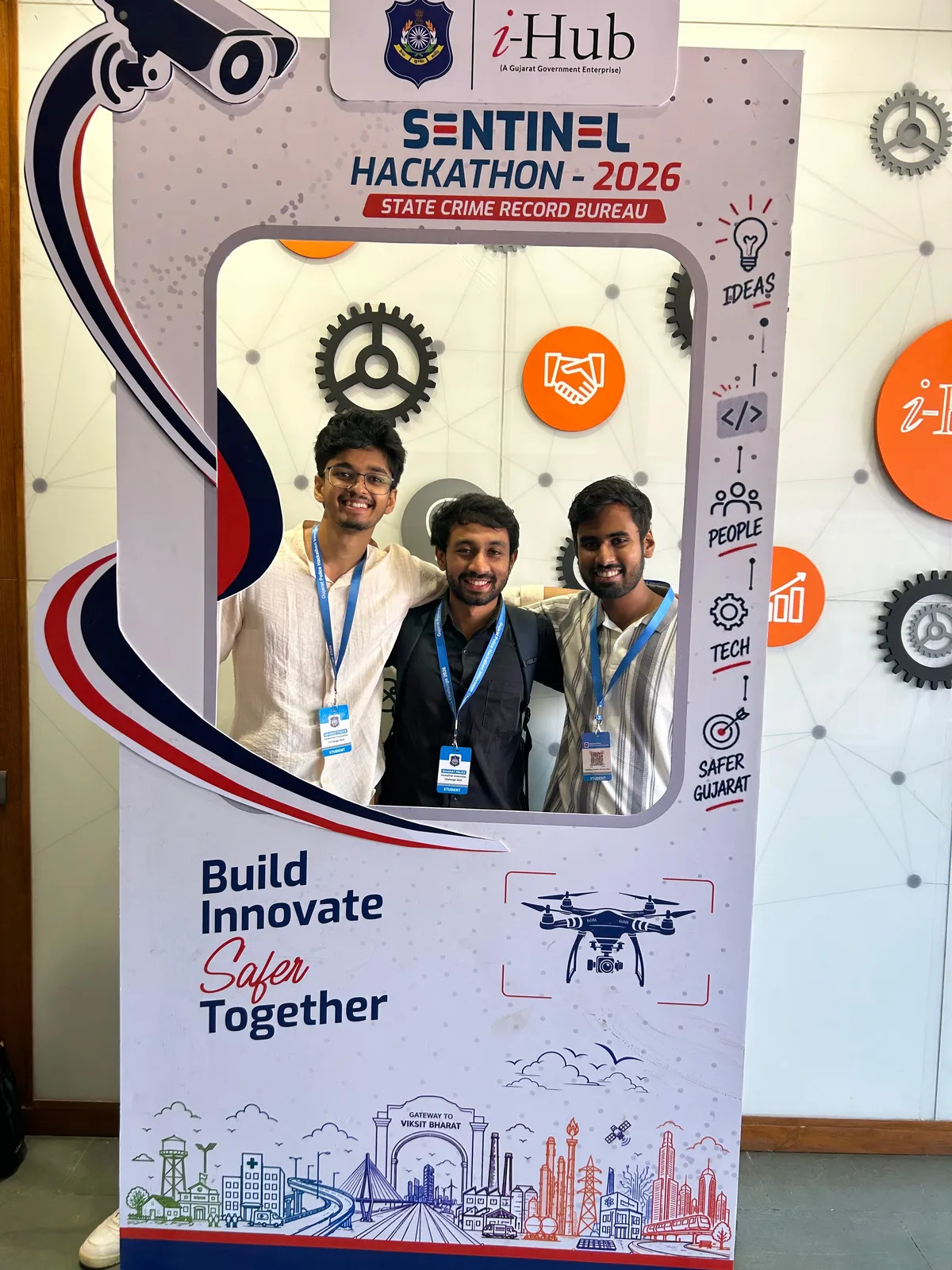 Vatsal Mehta and teammates in the photo frame at Sentinel Hackathon 2026